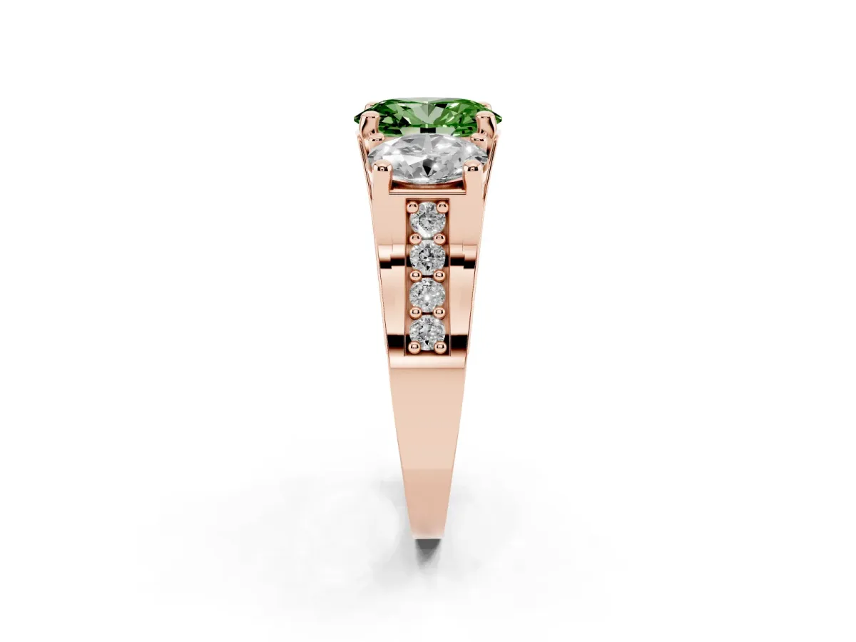 Fancy Green Oval Cut Diamond Three-Stone Ring with Channel Set Band and Four-Prong Setting Rose gold