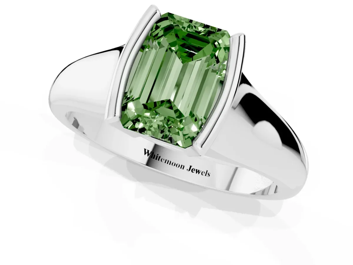 Fancy Green Emerald Cut Solitaire Tension Set Diamond Ring with Split Shank Band Silver