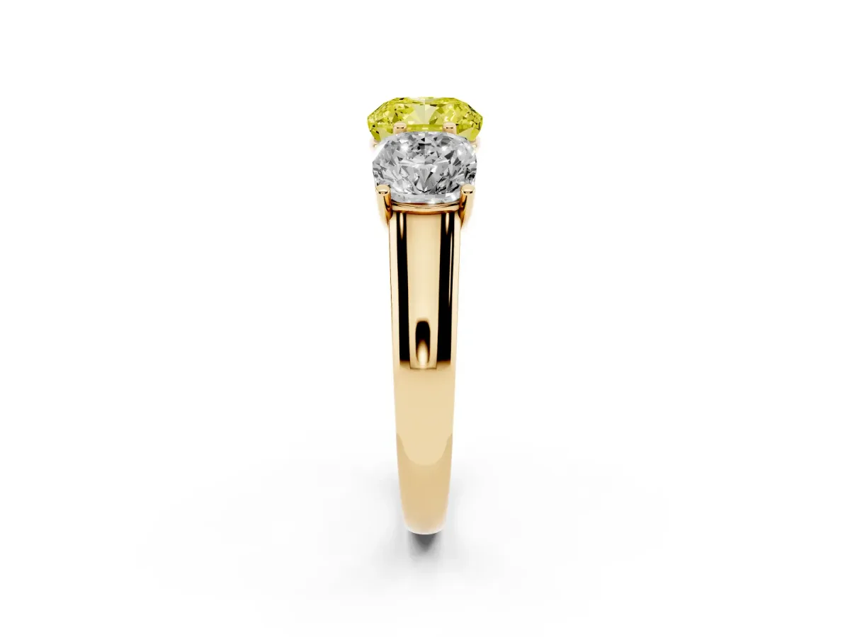 Fancy Yellow Cushion Cut Three-Stone Diamond Ring with Prong Setting on a Classic Band Yellow gold