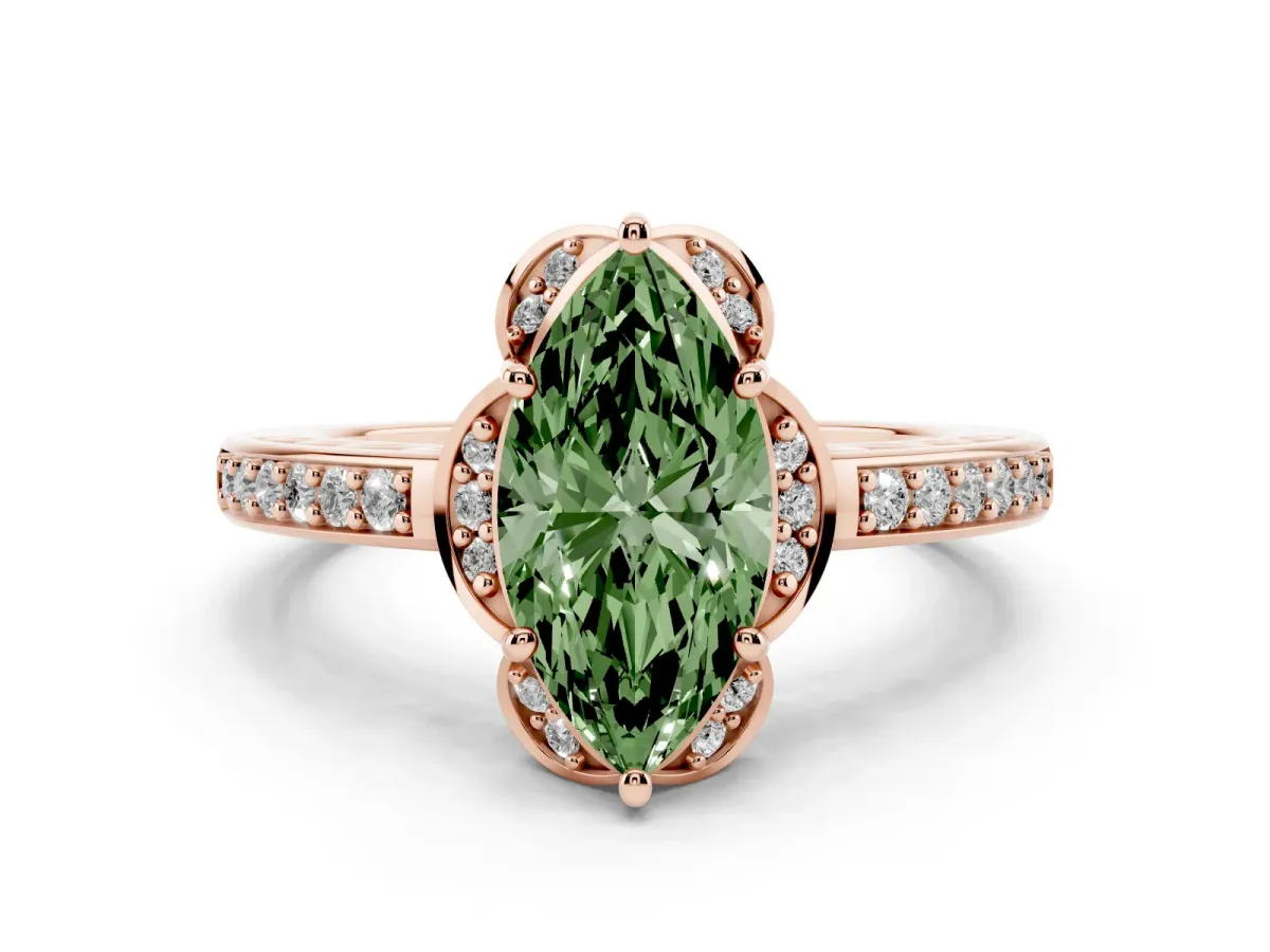 Fancy Green Marquise Cut Cut Halo Diamond Ring with Channel Set Band and Four-Prong Setting Rose gold