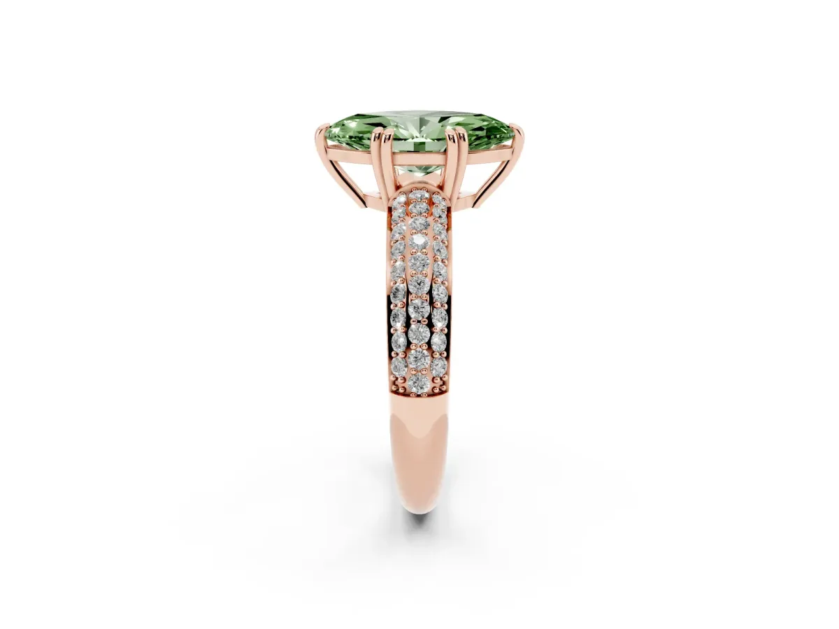 Fancy Green Marquise Cut Diamond Solitaire Ring with Multi-Row Round Pavé Band and Prong Setting Rose gold