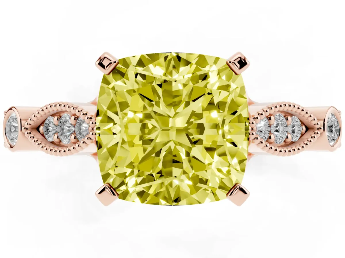 Fancy Yellow Cushion Cut Cut Diamond with Milgrain Marquise and Bezel Accents on a Solitaire Band with Prong Setting Rose gold