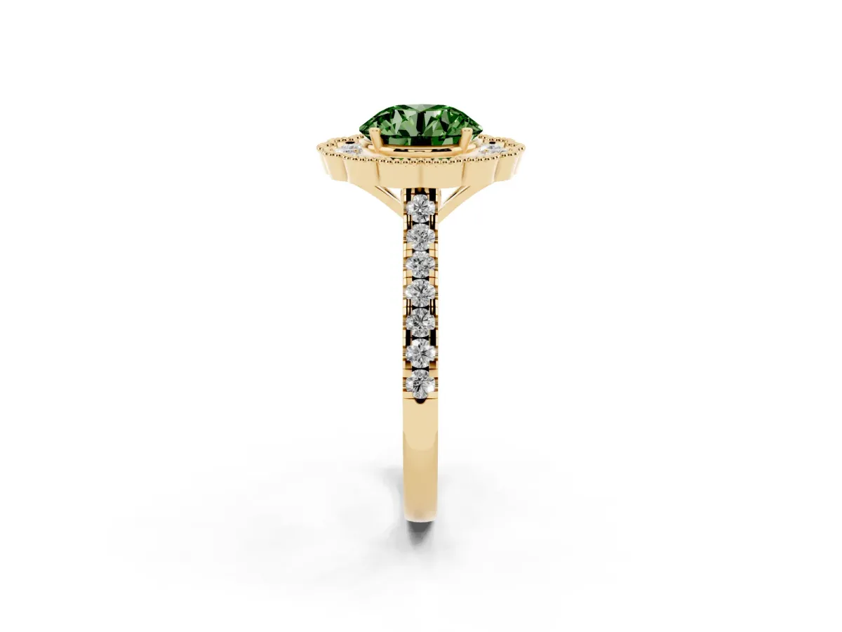 Fancy Green Round Cut Cut Diamond Milgrain Floral Halo Engagement Ring with Pavé Band Yellow gold