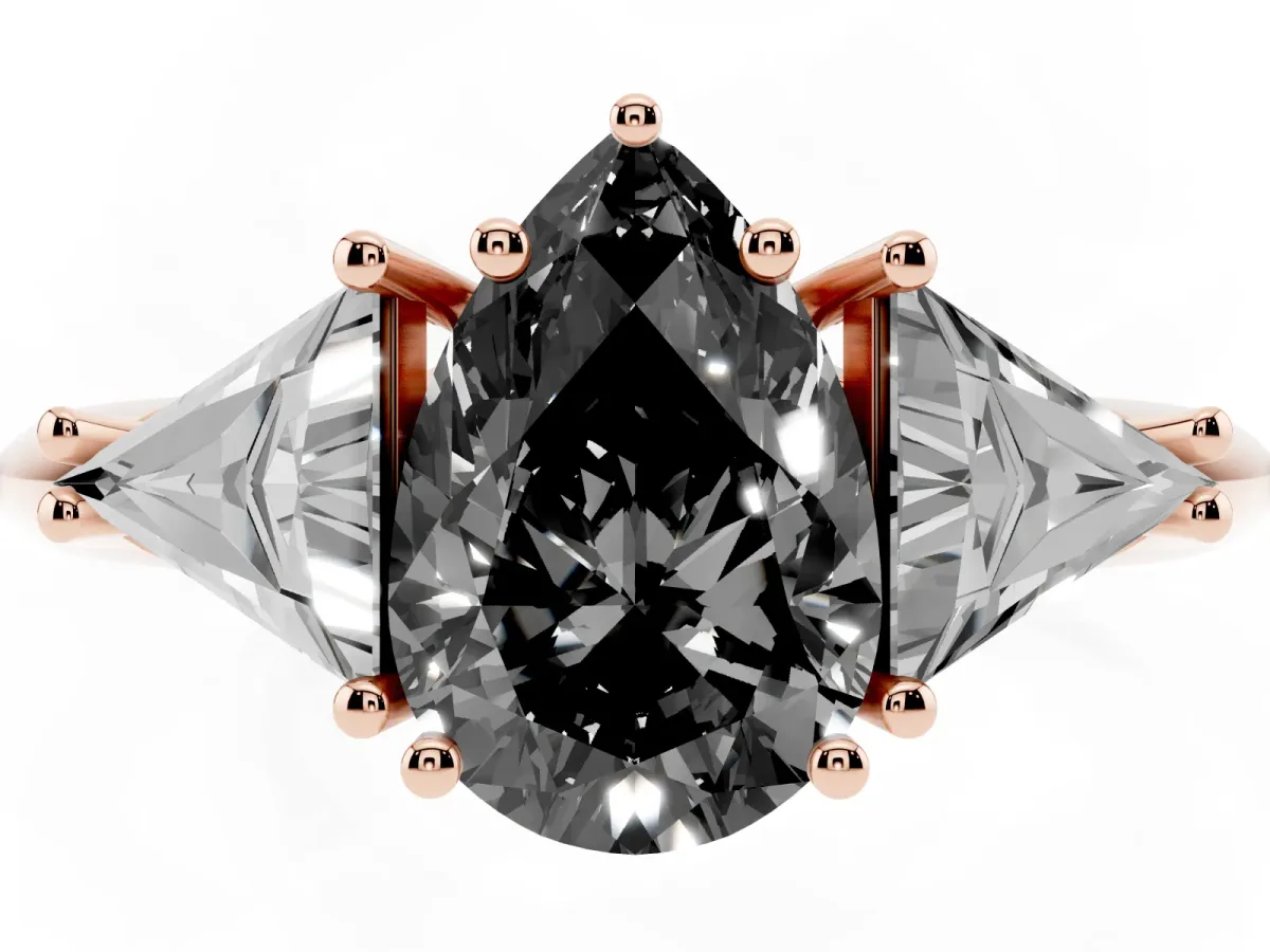 Fancy Black Three-Stone Pear Cut Diamond Engagement Ring with Trillion Side Stones and Prong Setting Rose gold