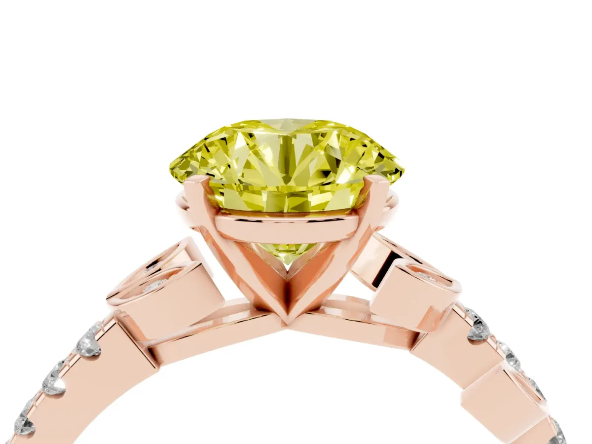 Fancy Yellow Round Cut Solitaire Leaf-Inspired Diamond Ring with Pavé Band and Four-Prong Setting Rose gold