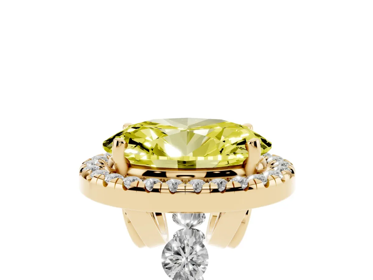 Fancy Yellow Oval Cut Halo Pavé Diamond Engagement Ring with Four-Prong Setting Yellow gold