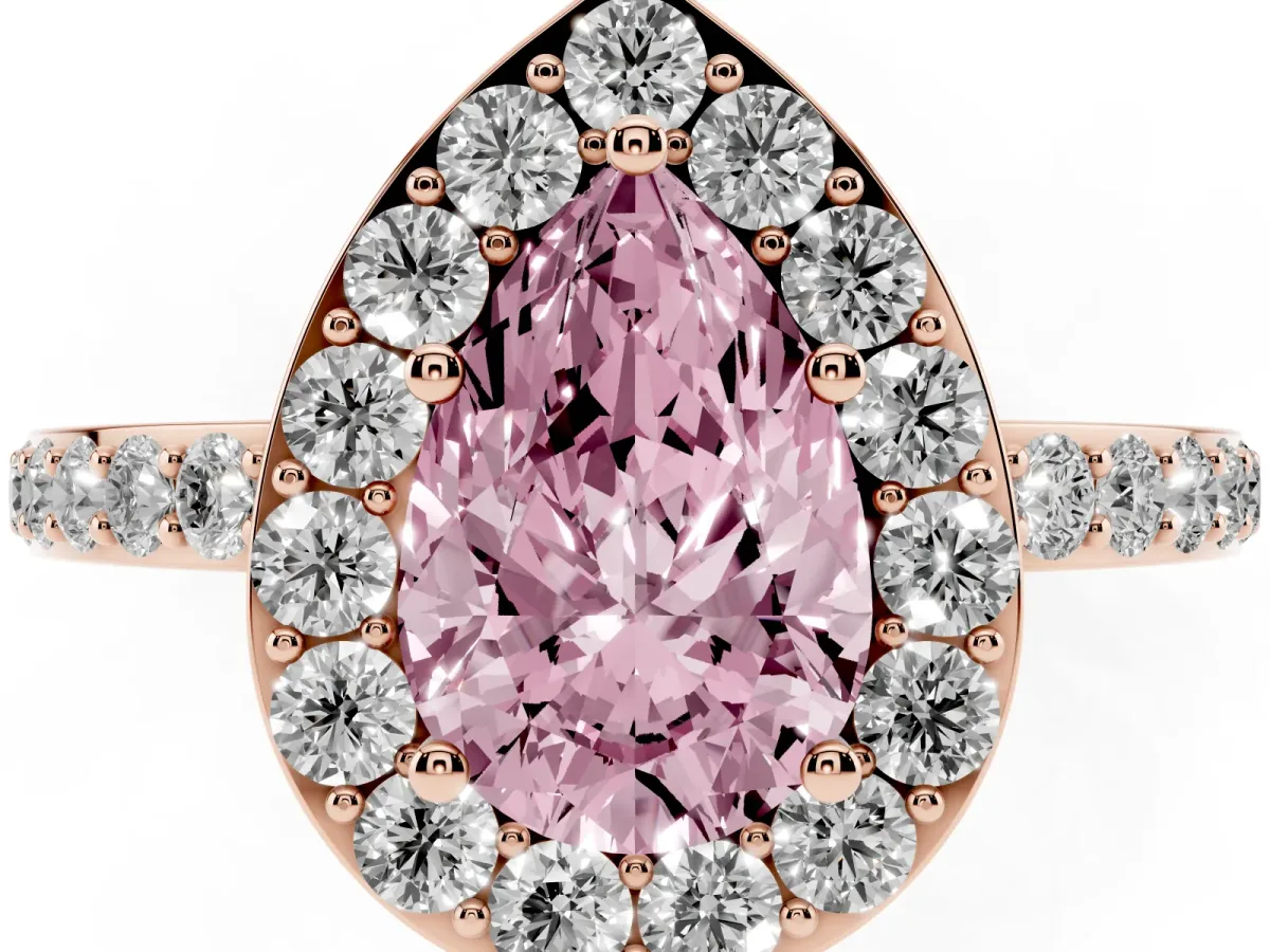 Fancy Pink Pear Cut Halo Diamond Pavé Band Ring with Prong Setting Rose gold
