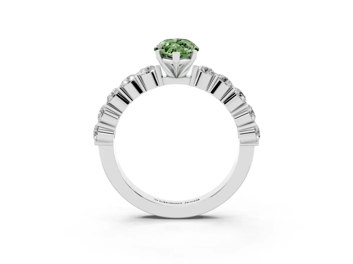 Fancy Green Marquise Cut Diamond Solitaire Ring with Shared Prong Round Side Stones Silver