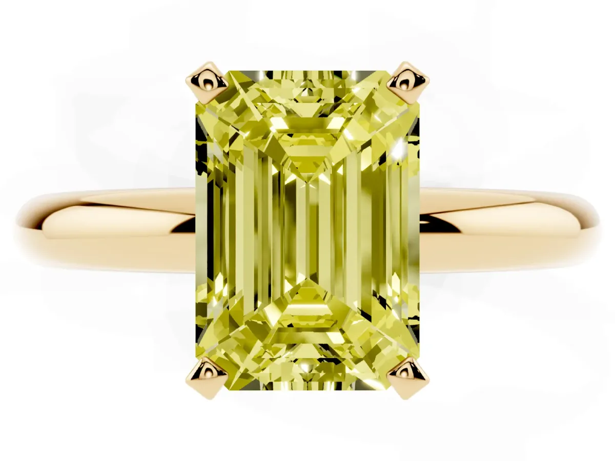 Fancy Yellow Emerald Cut Diamond Solitaire Engagement Ring with Round Band and Four-Prong Setting Yellow gold