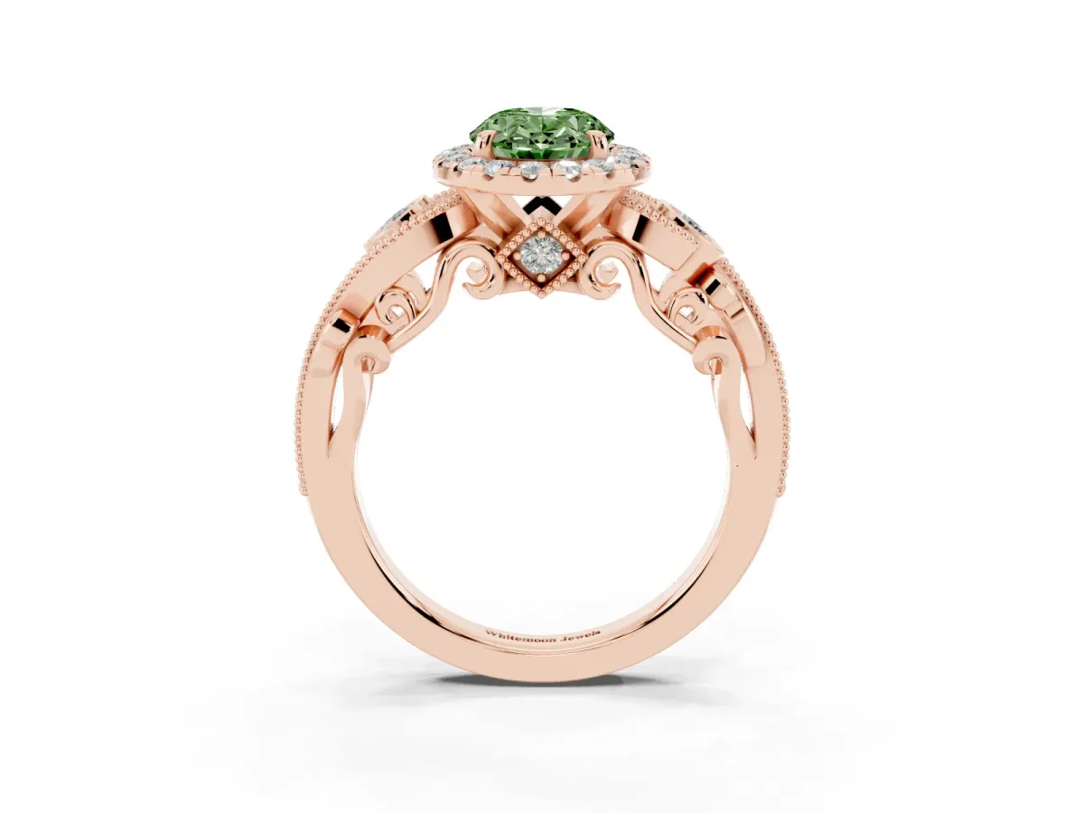 Fancy Green Oval Cut Halo Diamond Ring with Milgrain and Bezel Accents on a Split Shank Band Rose gold