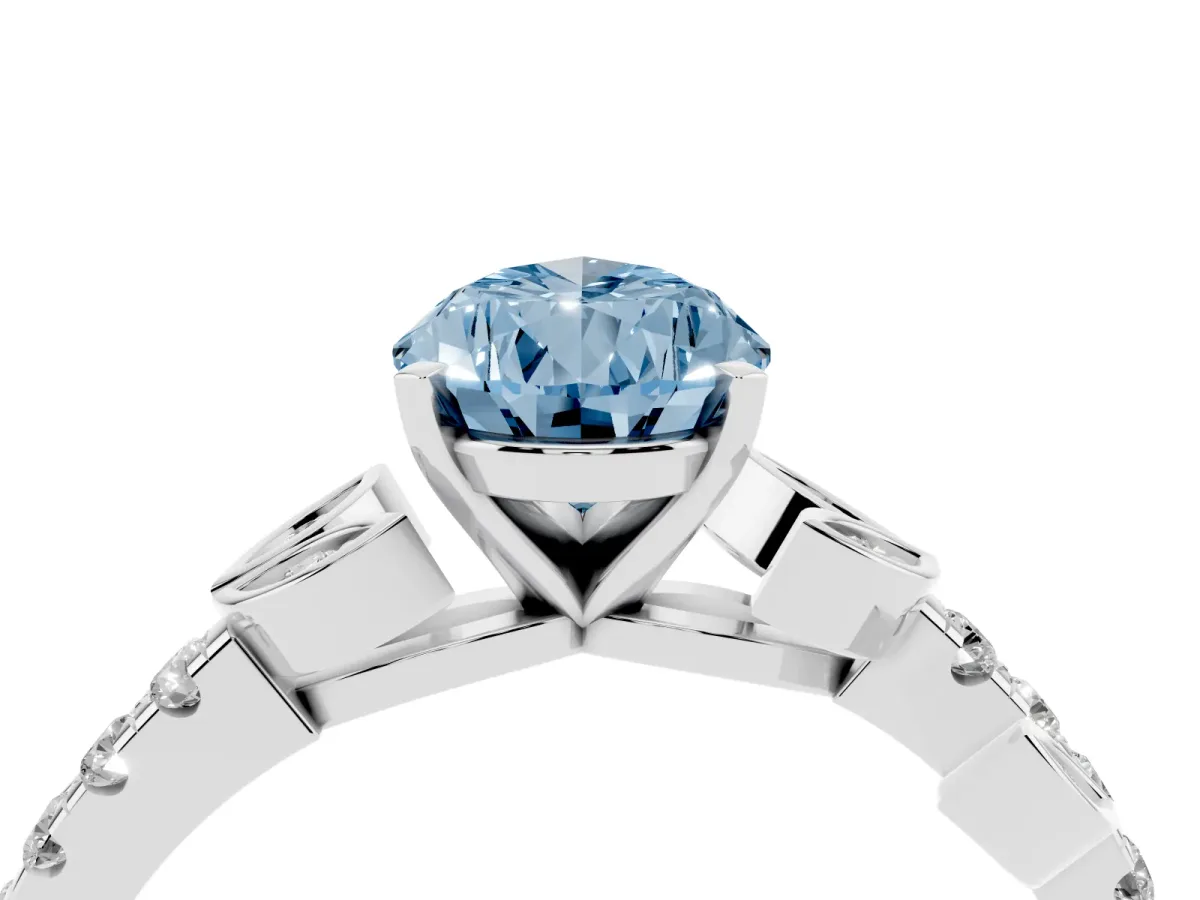 Fancy Blue Pear Cut Solitaire Leaf-Inspired Diamond Ring with Pavé Band and Four-Prong Setting Silver