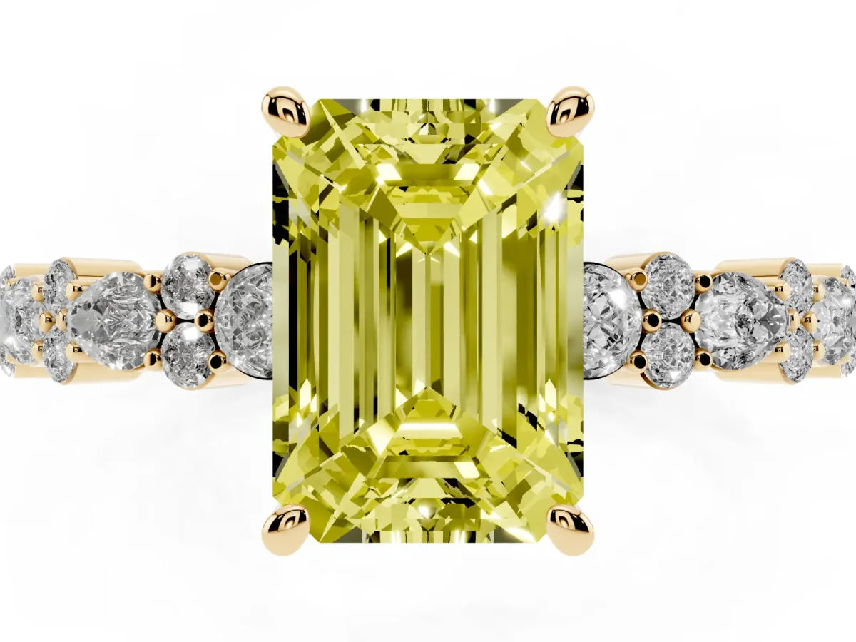 Fancy Yellow Emerald Cut Diamond Side Stone Solitaire Ring with Round and Four-Prong Setting Yellow gold