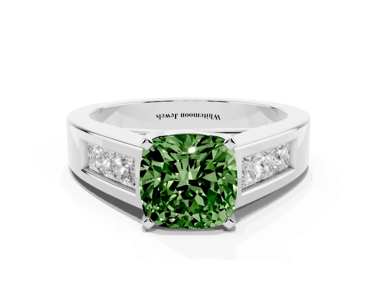 Fancy Green Cushion Cut Cut Channel Set Solitaire Ring with Four-Prong Setting Platinum