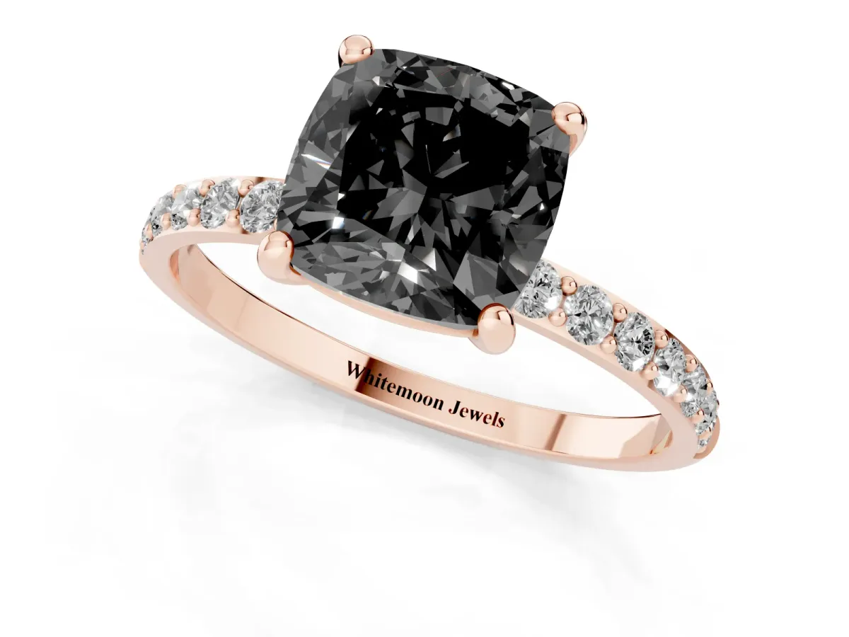 Fancy Black Cushion Cut Diamond Solitaire Ring with Round Pavé Band and Prong Setting Rose gold