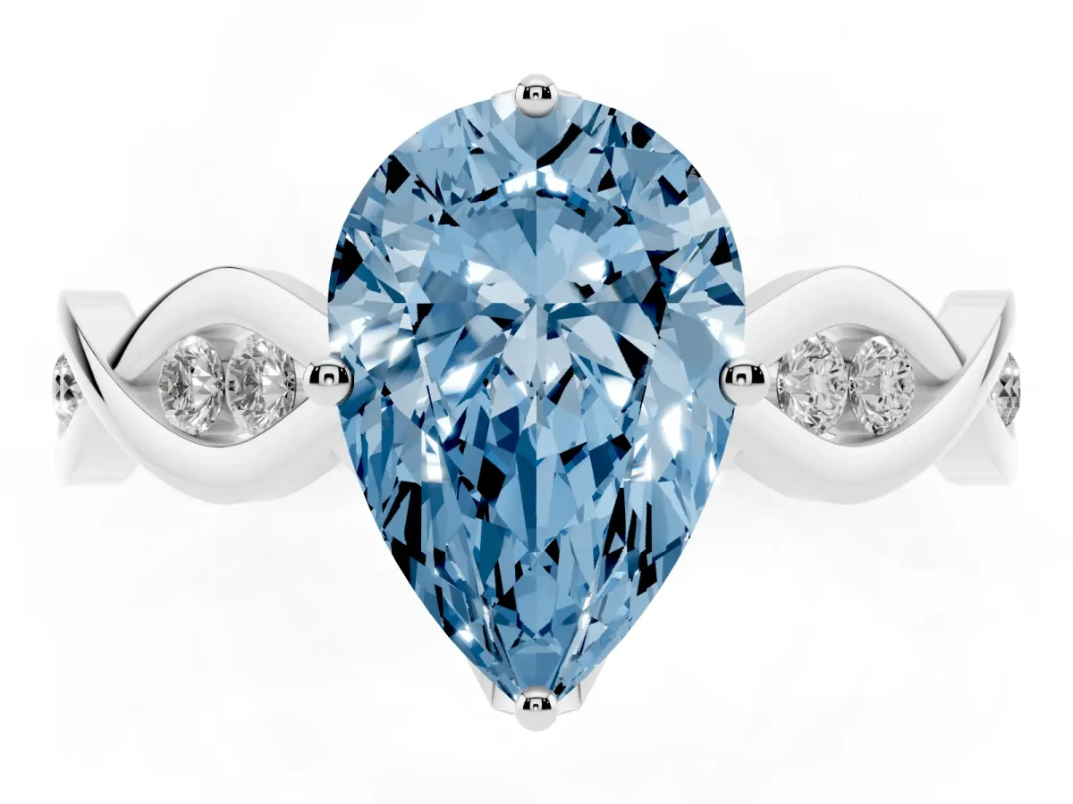 Fancy Blue Pear Cut Solitaire Twist Band with Leaf Prong Setting Silver