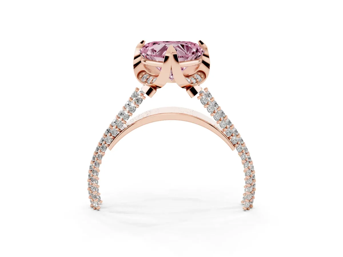 Fancy Pink Heart Cut Solitaire Pave Split Shank Ring with Four-Prong Setting Rose gold