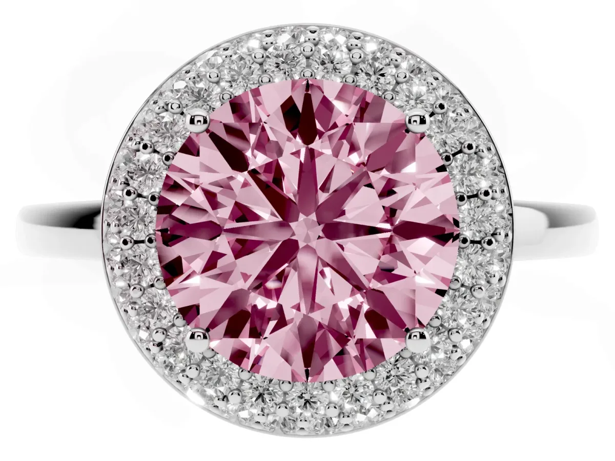 Fancy Pink Round Cut Halo Diamond Engagement Ring with Solitaire Band and Four-Prong Setting White gold