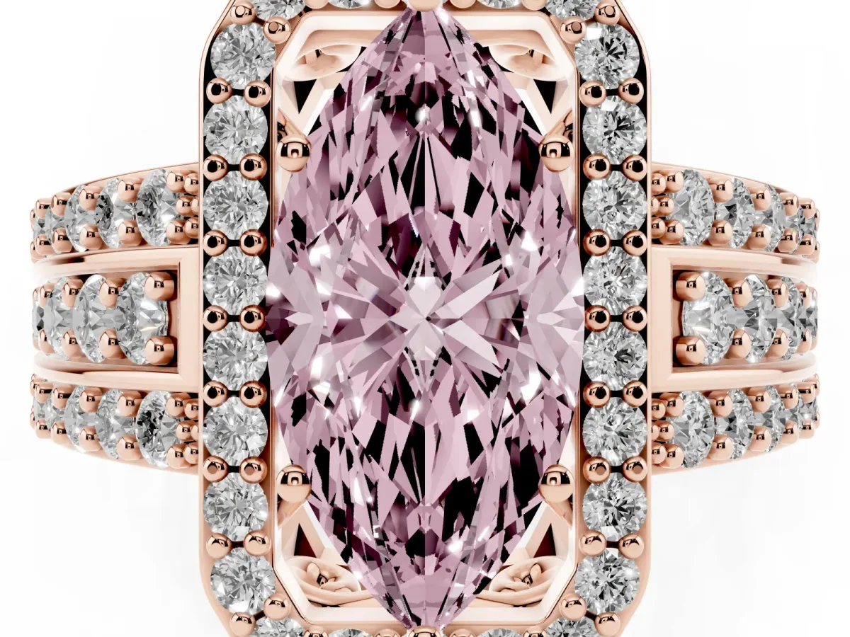 Fancy Pink Marquise Cut Halo Diamond Ring with Round Split Shank and Prong Setting Rose gold