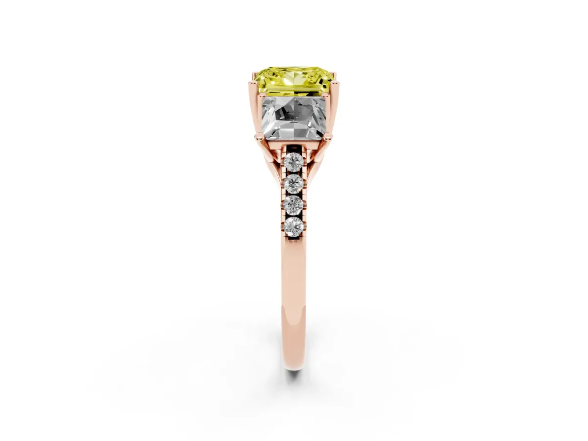 Fancy Yellow Three-Stone Princess Cut Diamond Ring with Round Pavé Band and Prong Setting Rose gold