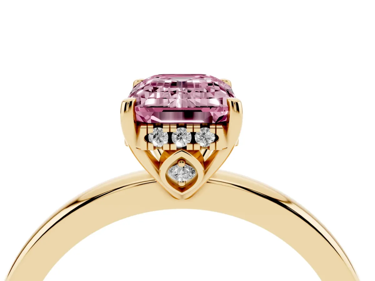 Fancy Pink Emerald Cut Solitaire Diamond Ring with Prong Setting and Plain Band Yellow gold