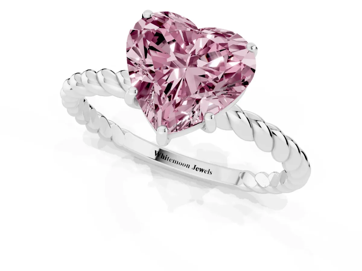Fancy Pink Heart Cut Solitaire Twist Band Ring with Four-Prong Setting Silver