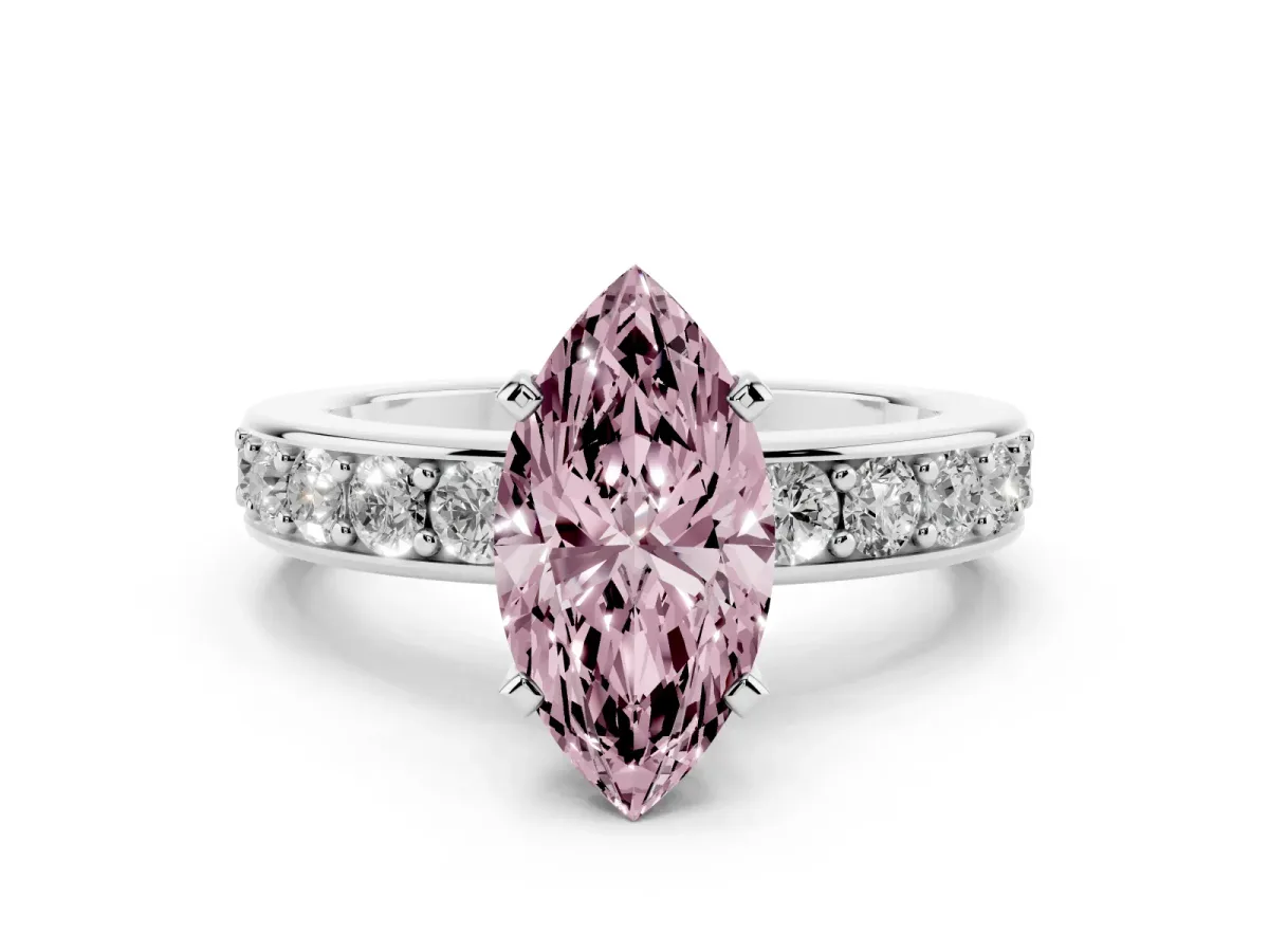 Fancy Pink Marquise Cut Diamond Engagement Ring with Channel Set Round Band and Prong Setting White gold