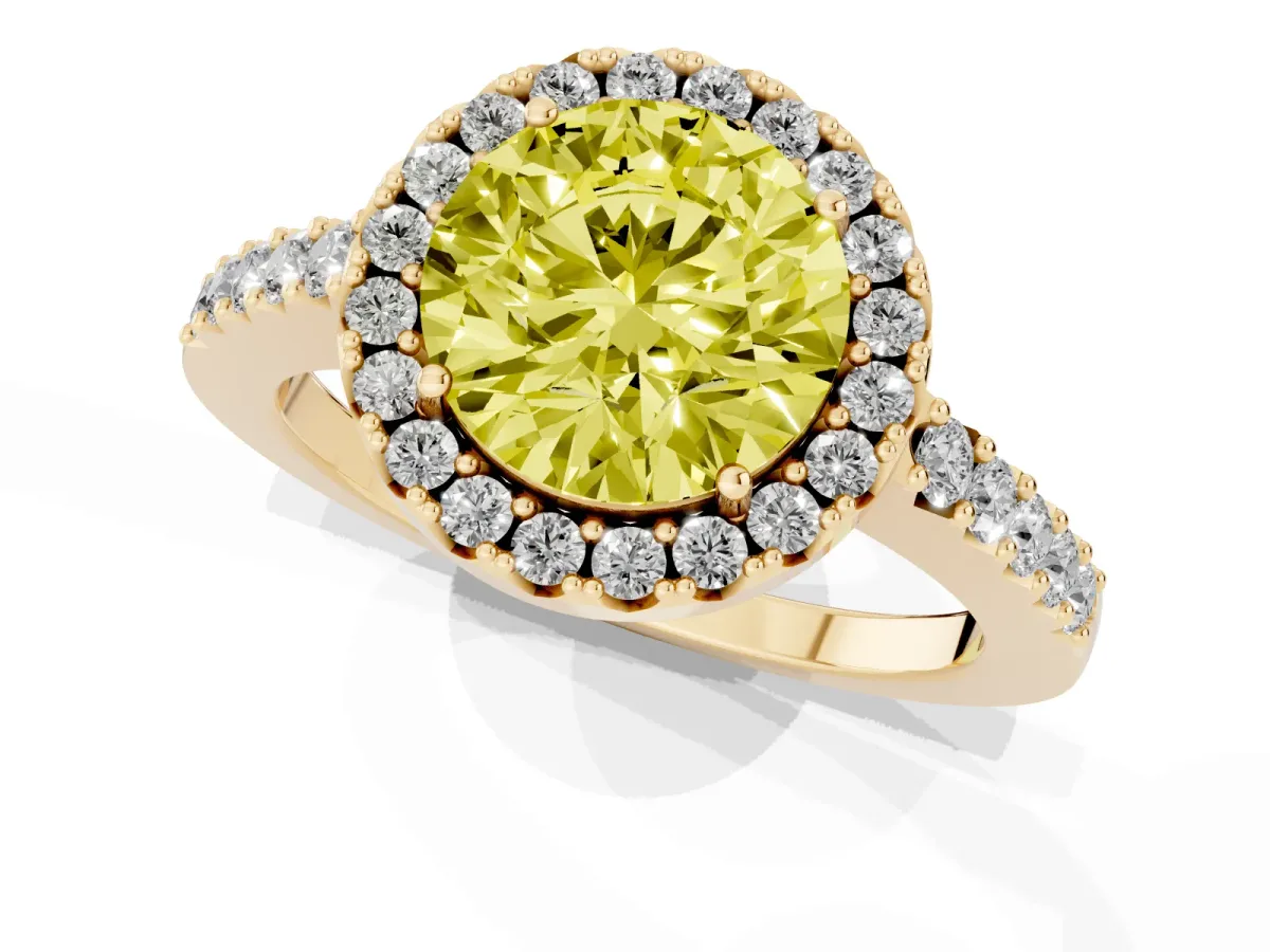Fancy Yellow Round Cut Halo Diamond Pavé Solitaire Ring Yellow gold