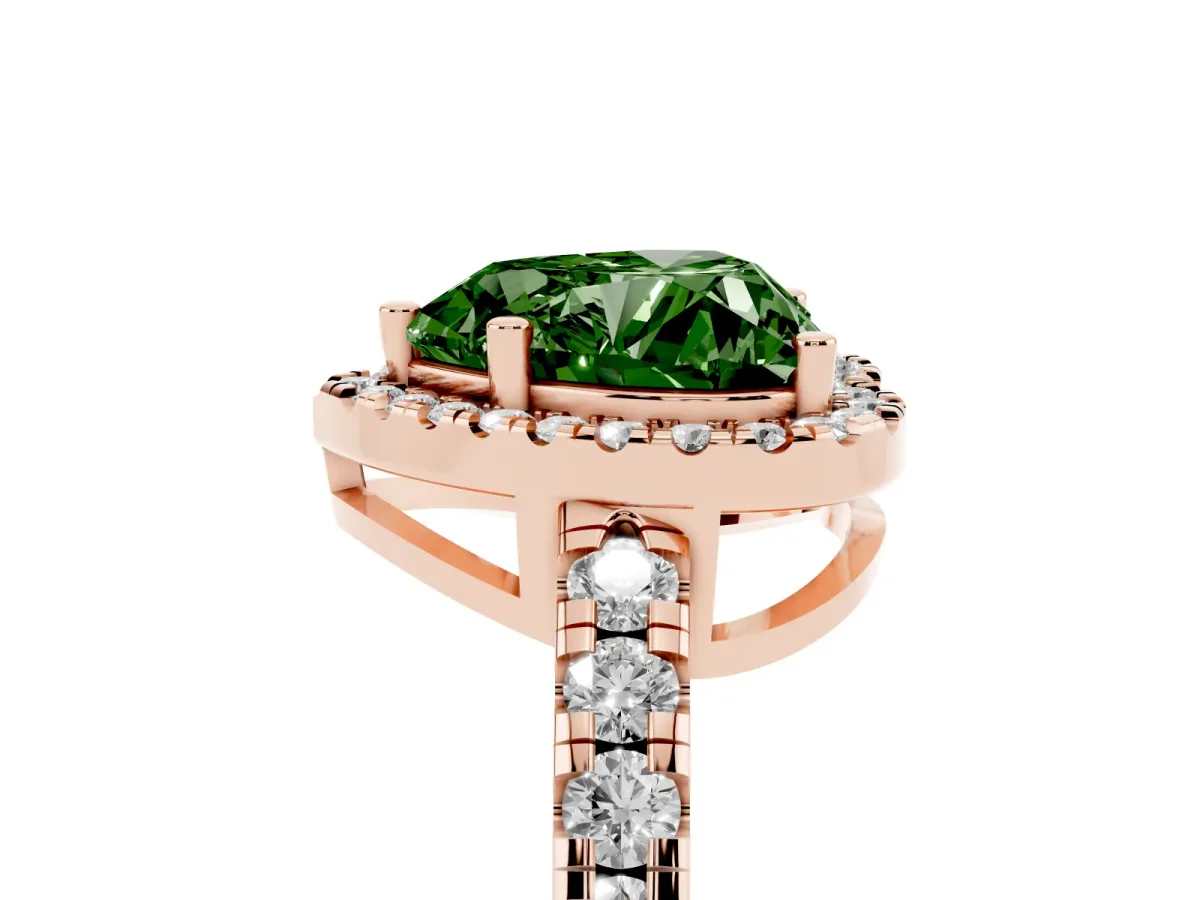 Fancy Green Heart Cut Diamond Halo Ring with Pavé Band and Four-Prong Setting Rose gold