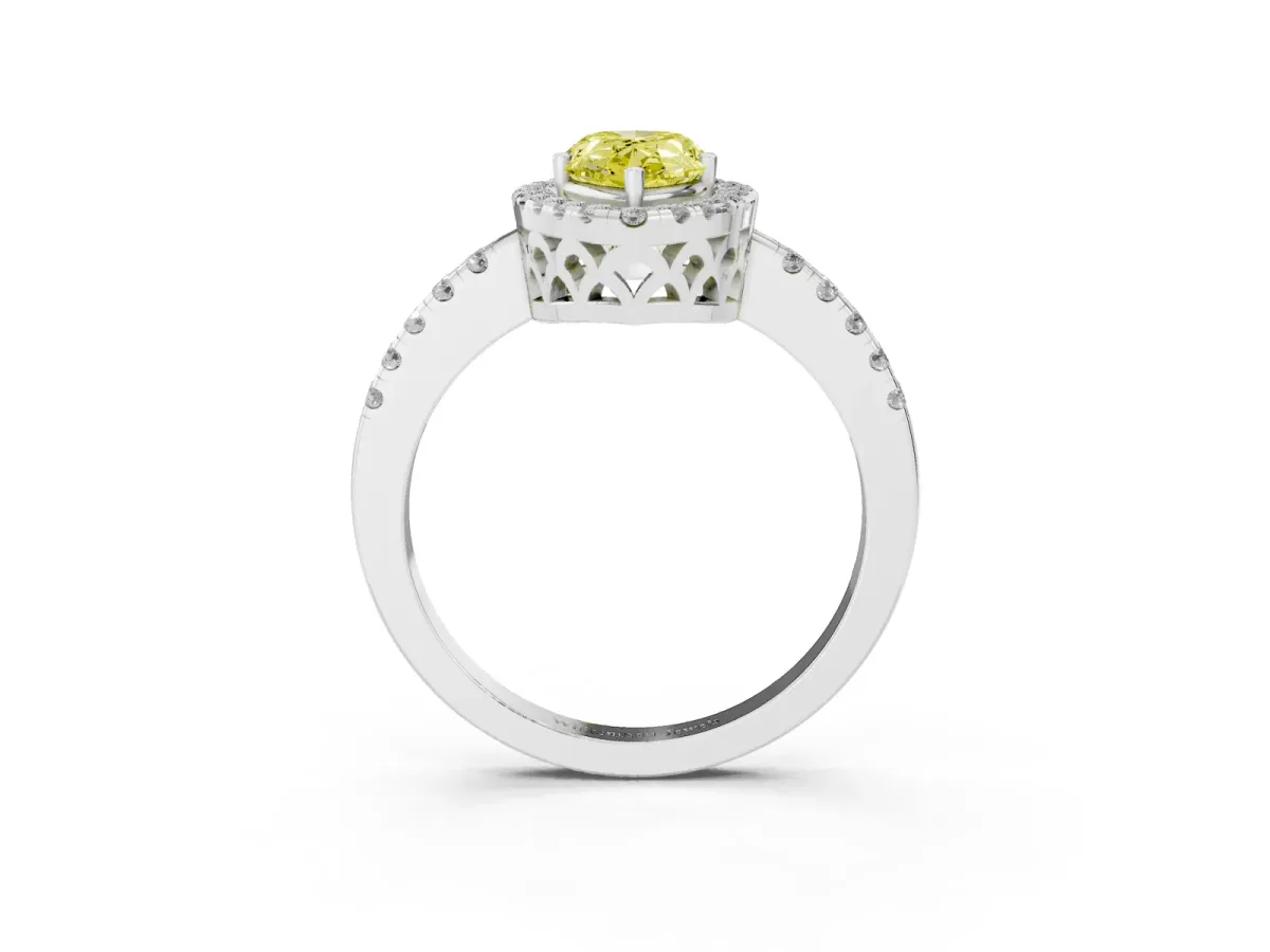 Fancy Yellow Pear Cut Halo Diamond Engagement Ring with Pavé Band and Four-Prong Setting White gold