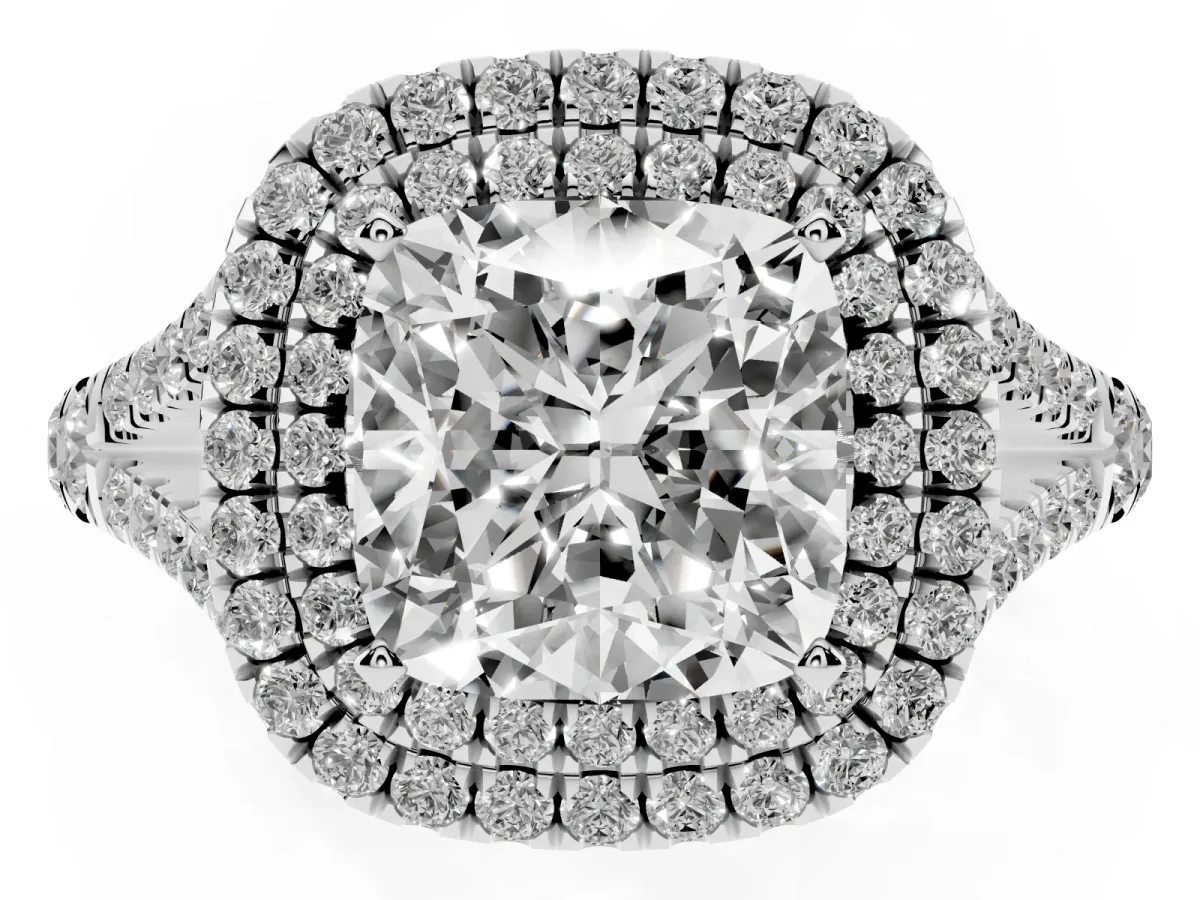 Cushion Cut Diamond Pavé Split Shank Double Halo Engagement Ring Silver
