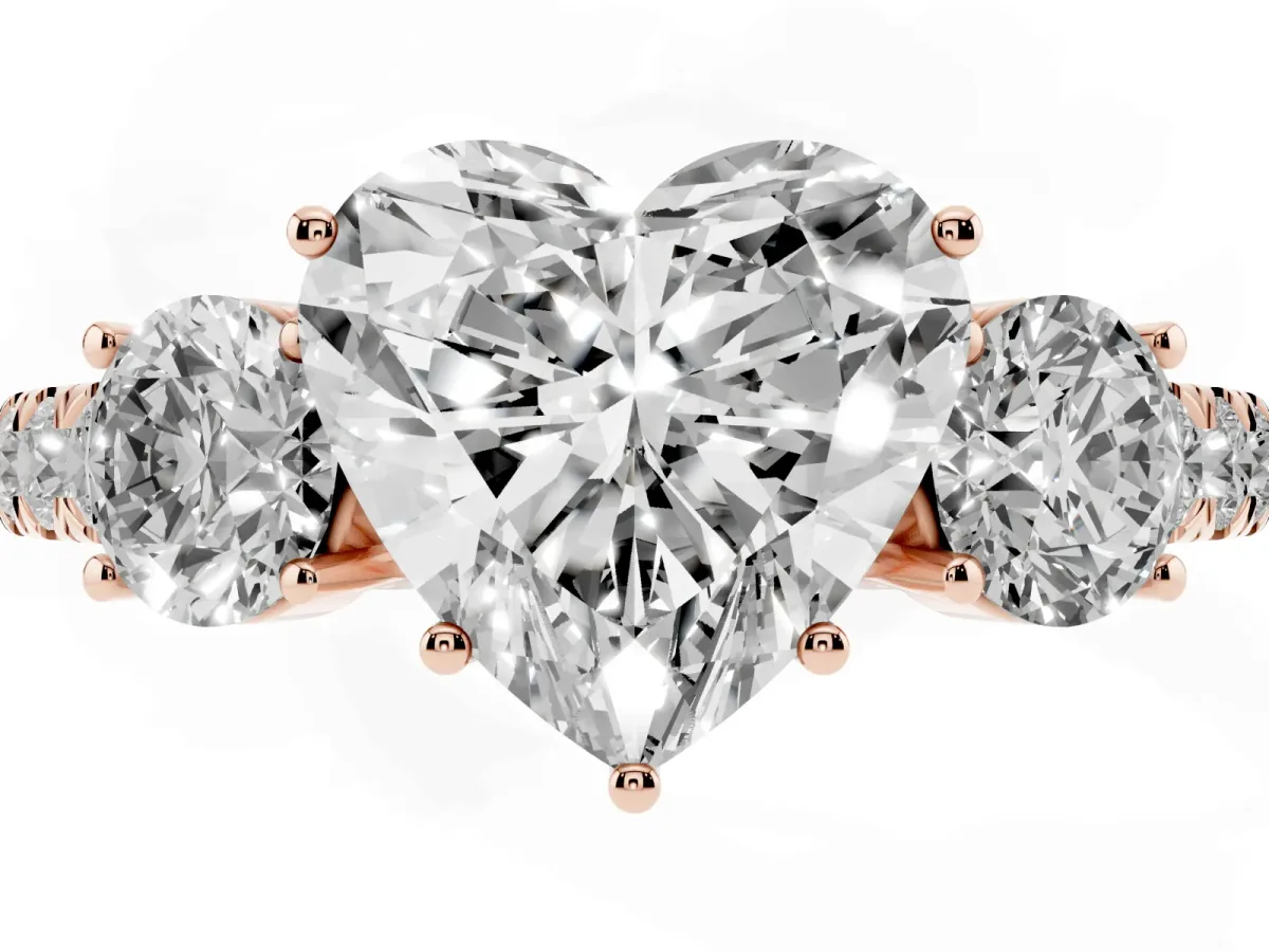 Heart Cut Cut Diamond Three-Stone Ring with Round Side Stones and Pavé Band Rose gold