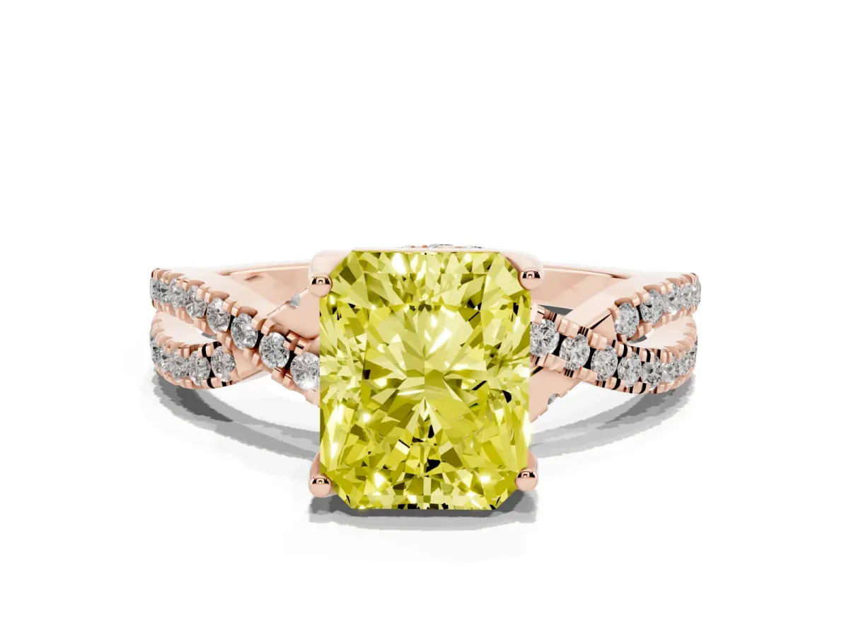 Fancy Yellow Radiant Cut Solitaire Twist Pave Diamond Engagement Ring with Prong Setting Rose gold