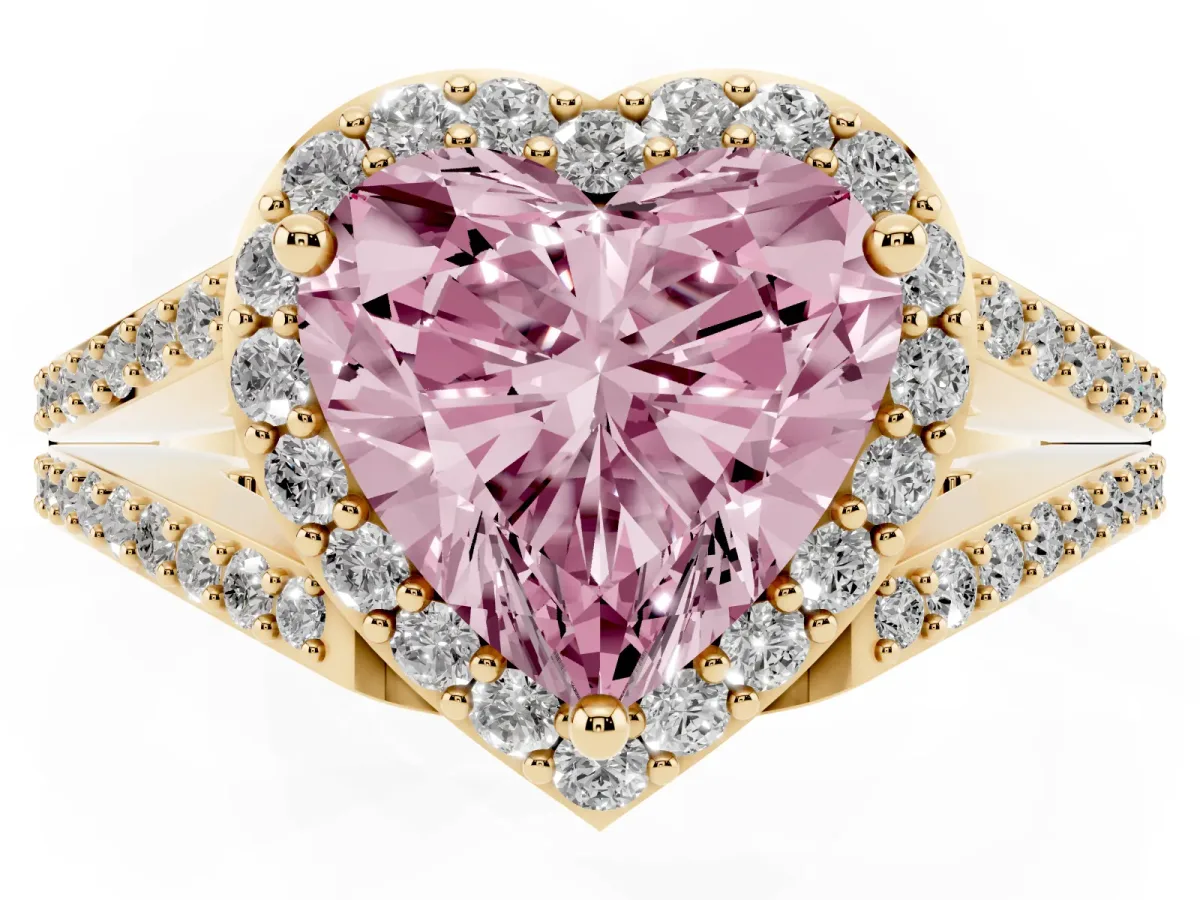 Fancy Pink Heart Cut Halo Split Shank Pave Diamond Ring with Four-Prong Setting Yellow gold