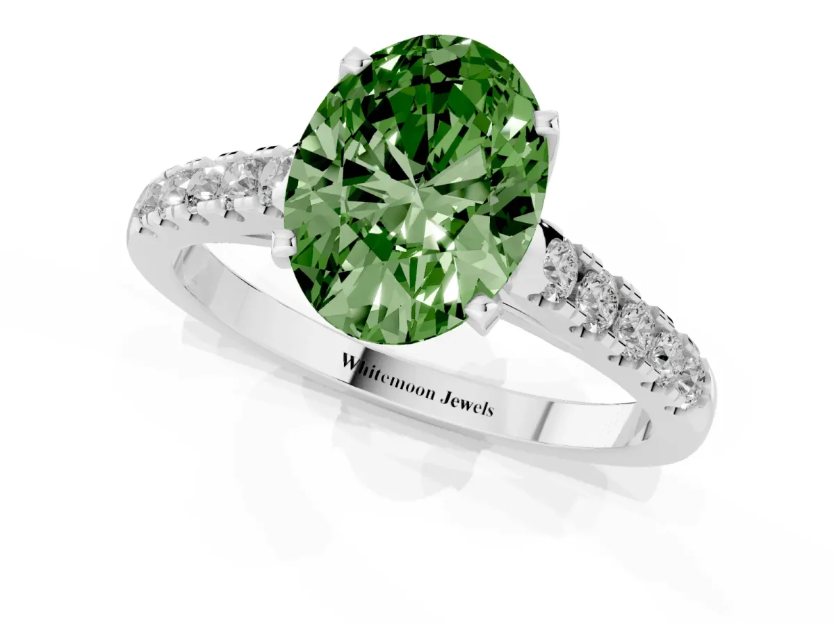 Fancy Green Oval Cut Diamond Pavé Band Solitaire Ring with Prong Setting Platinum