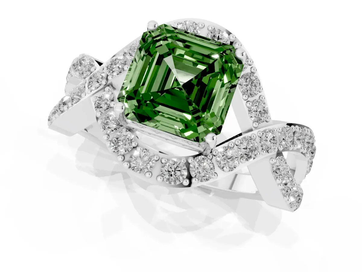 Fancy Green Asscher Cut Solitaire Twist Band Pavé Diamond Engagement Ring Silver