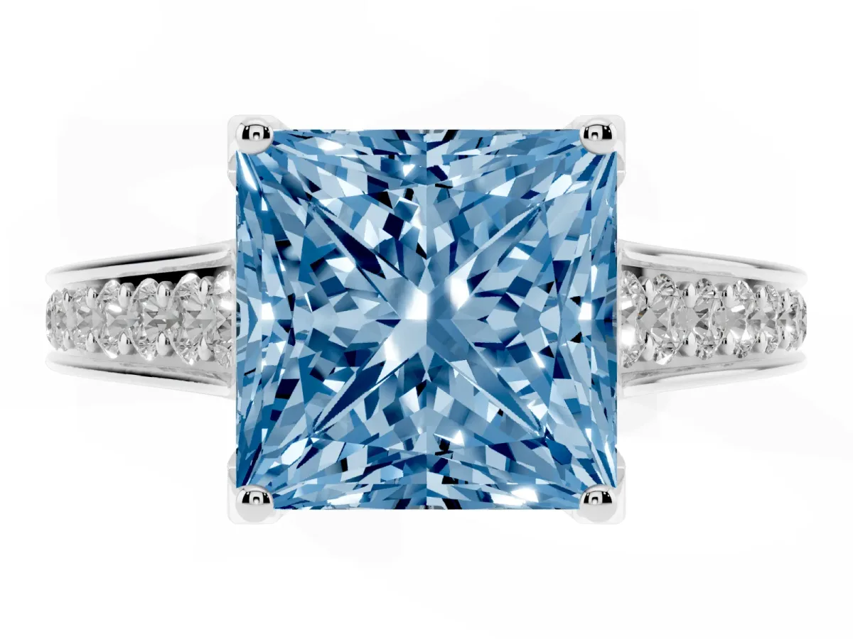 Fancy Blue Princess Cut Brilliant Cut Diamond Engagement Ring with Pavé Band and Four-Prong Setting Platinum
