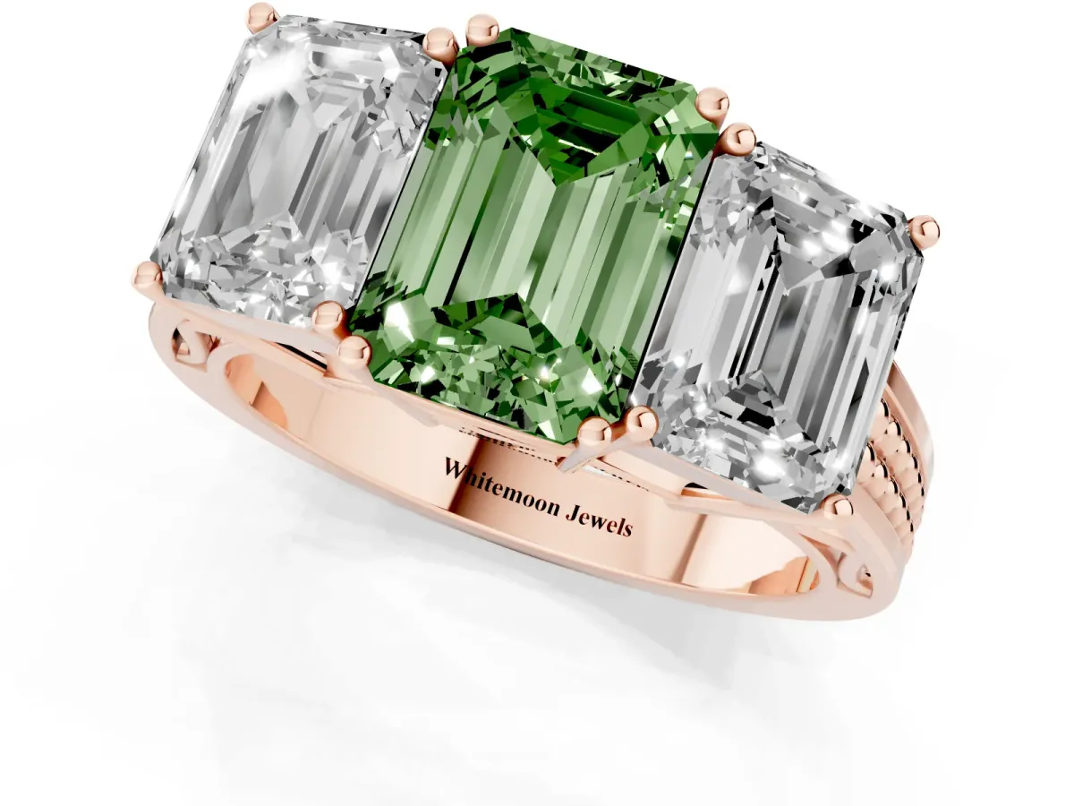 Fancy Green Emerald Cut Diamond Three-Stone Ring with Prong Setting and Textured Band Rose gold