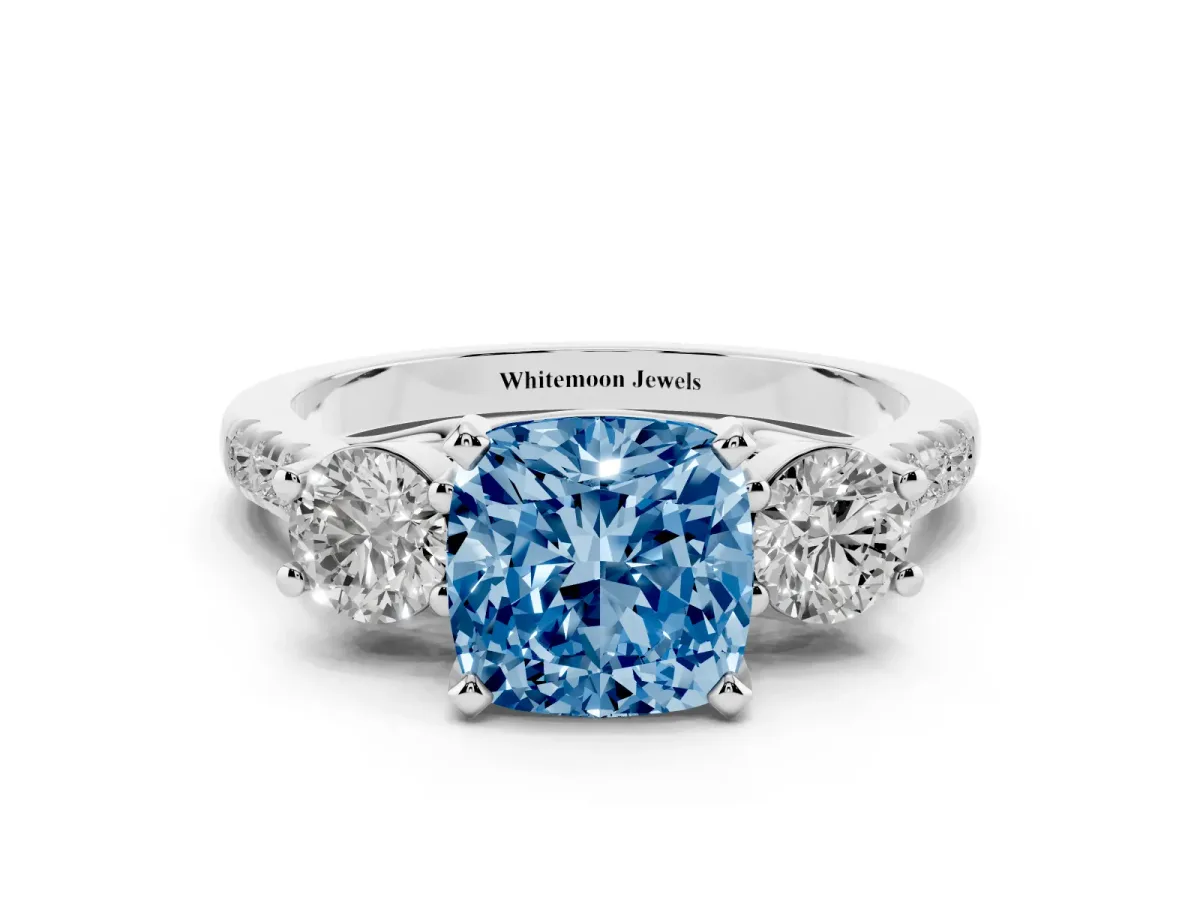 Fancy Blue Three-Stone Cushion Cut Diamond Pavé Band with Four-Prong Setting Silver