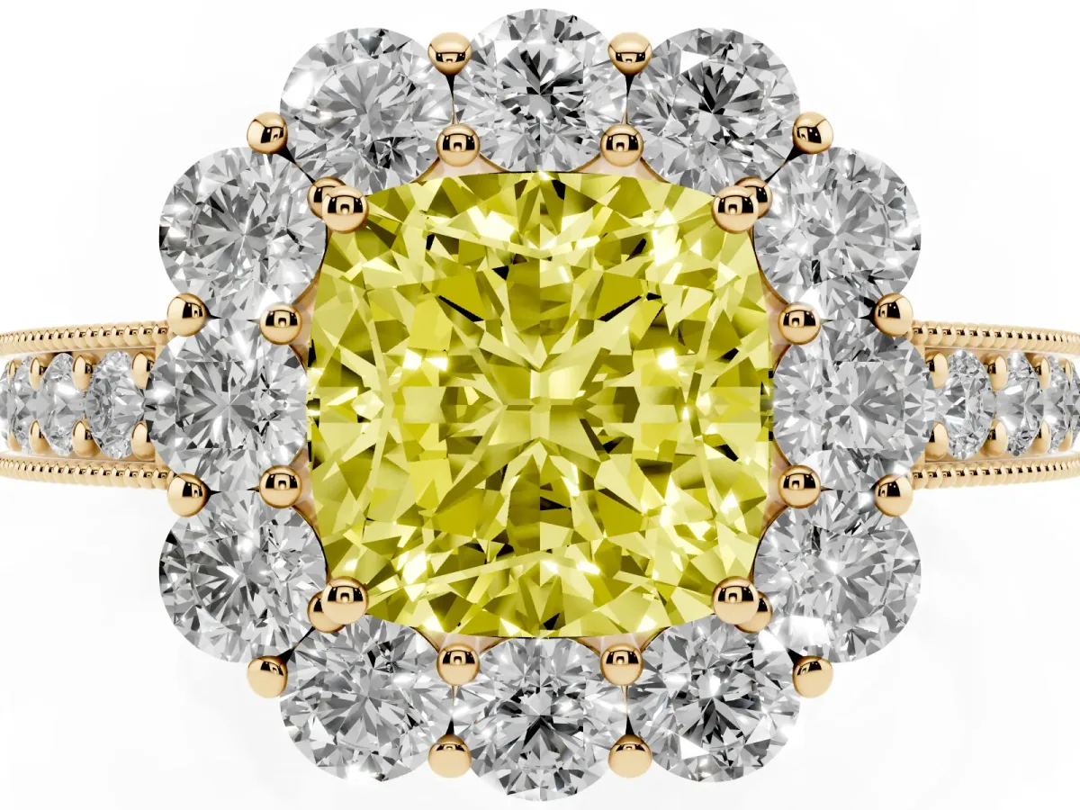 Fancy Yellow Cushion Cut Cut Halo Diamond Pavé Engagement Ring with Milgrain Detailing Yellow gold