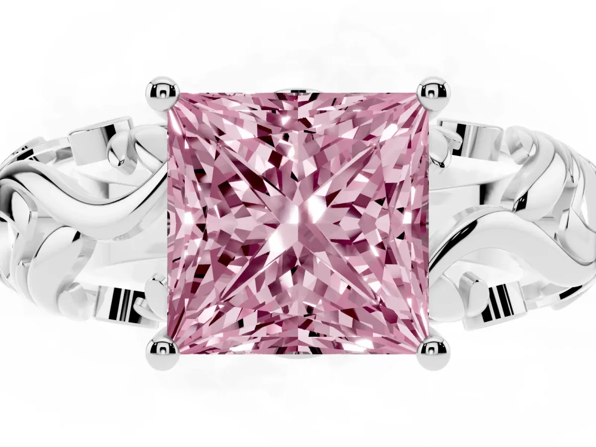 Fancy Pink Princess Cut Solitaire Diamond Leaf-Inspired Vine Band Ring with Prong Setting White gold