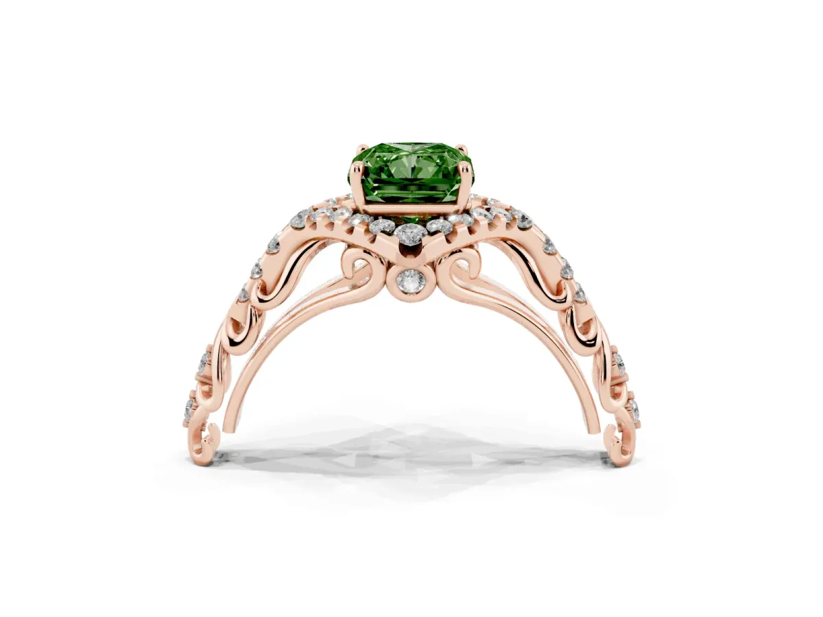 Fancy Green Radiant Cut Diamond Solitaire Ring with Hidden Halo and Pavé Band Rose gold