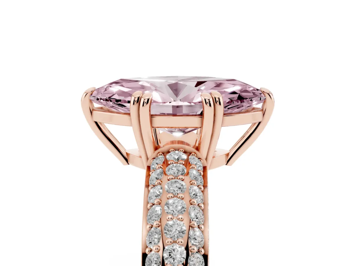 Fancy Pink Marquise Cut Diamond Solitaire Ring with Multi-Row Round Pavé Band and Prong Setting Rose gold