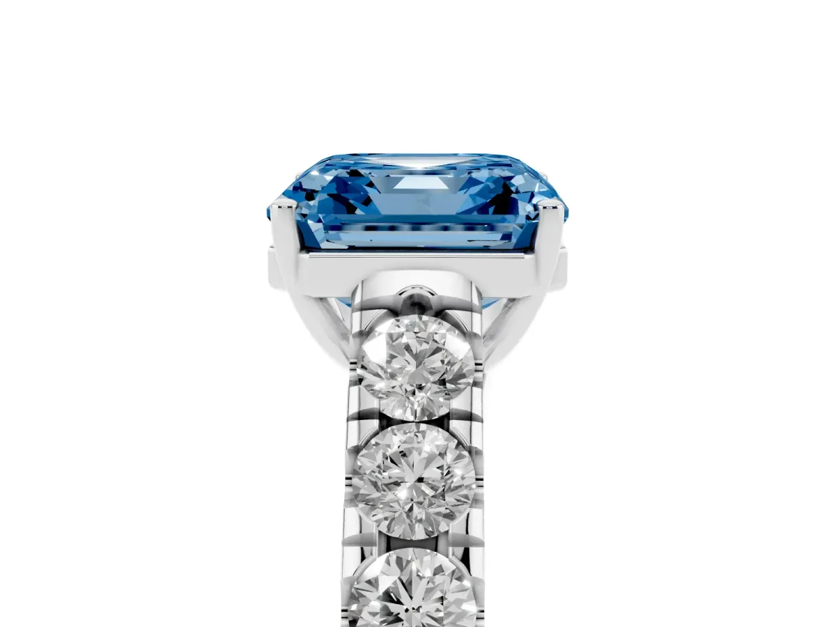 Fancy Blue Asscher Cut Cut Diamond Solitaire Ring with Micro Pave Band and Prong Setting Silver