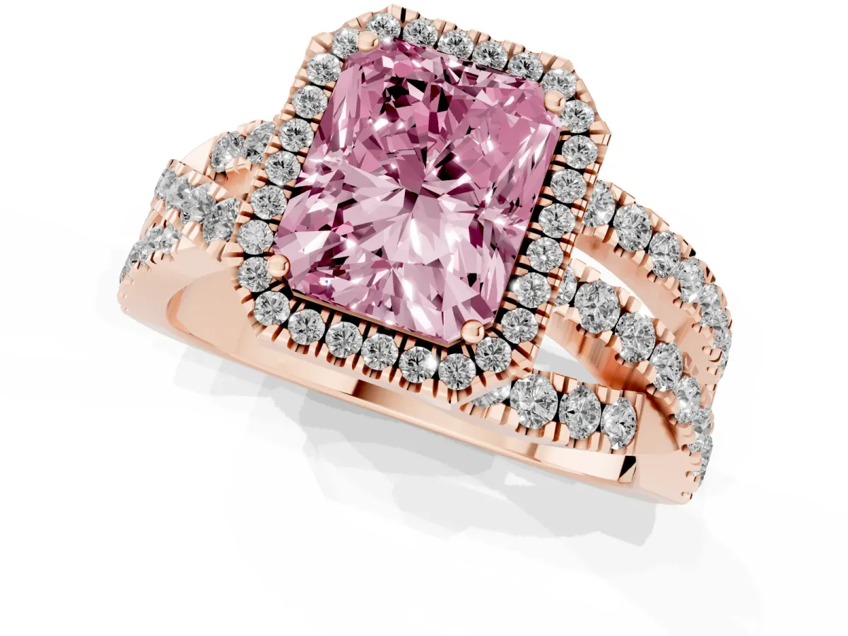 Fancy Pink Radiant Cut Diamond Halo Ring with Round Split Shank and Prong Setting Rose gold