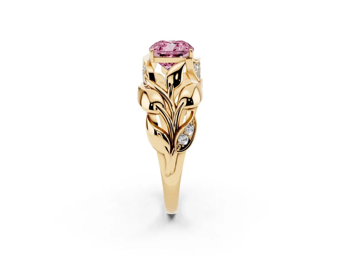 Fancy Pink Cushion Cut Diamond Leaf-Inspired Engagement Ring with Round Accents and Prong Setting Yellow gold