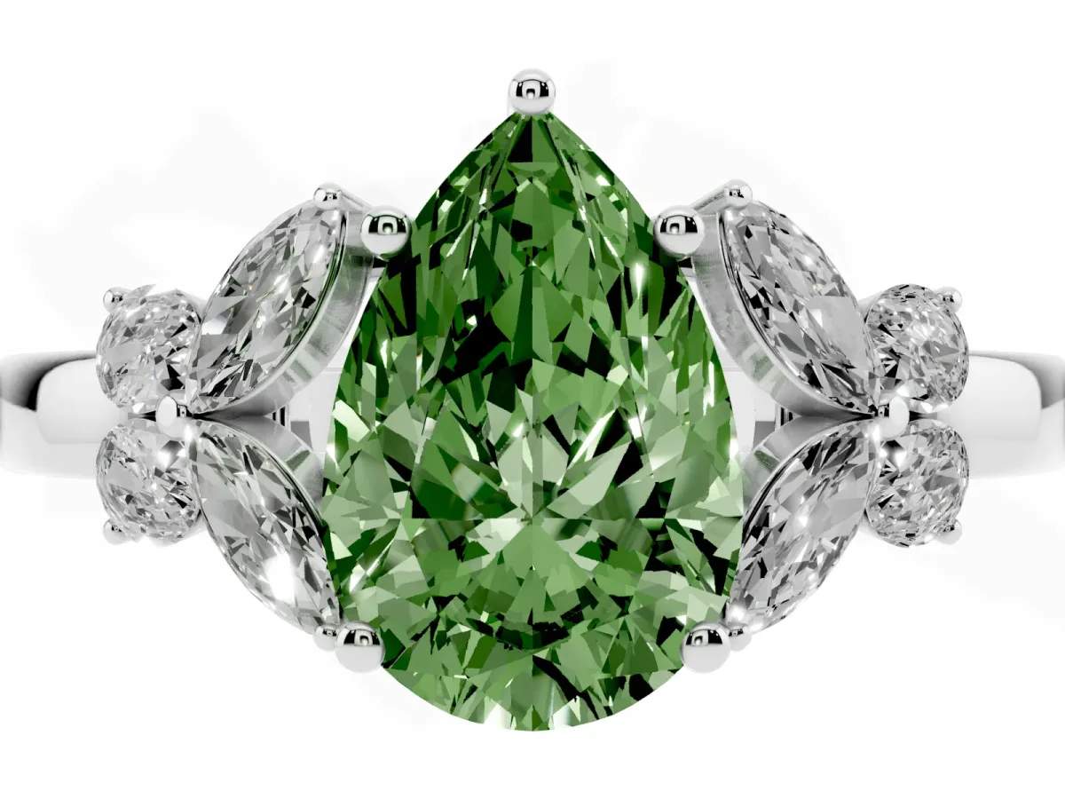 Fancy Green Pear Cut Cut Solitaire Floral Diamond Ring with Four-Prong Setting Silver