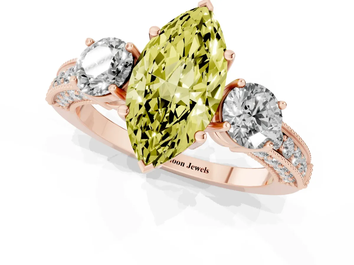 Fancy Yellow Marquise Cut Three-Stone Diamond Ring with Pavé Band and Four-Prong Setting Rose gold