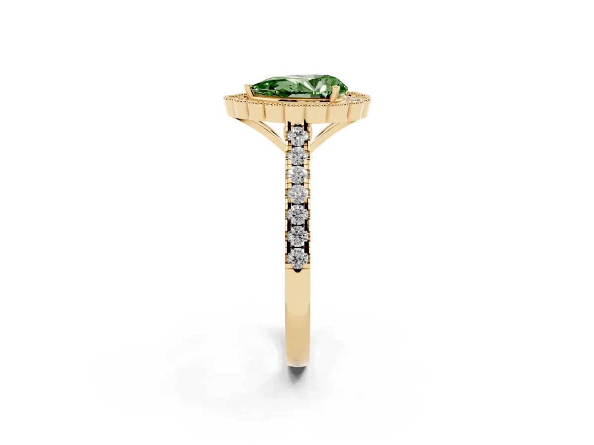 Fancy Green Pear Cut Cut Diamond Milgrain Floral Halo Engagement Ring with Pavé Band Yellow gold