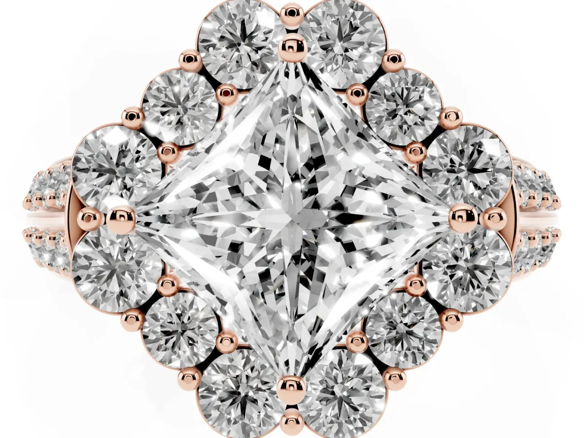 Princess Cut Halo Diamond Engagement Ring with Split Shank and Prong Setting Rose gold