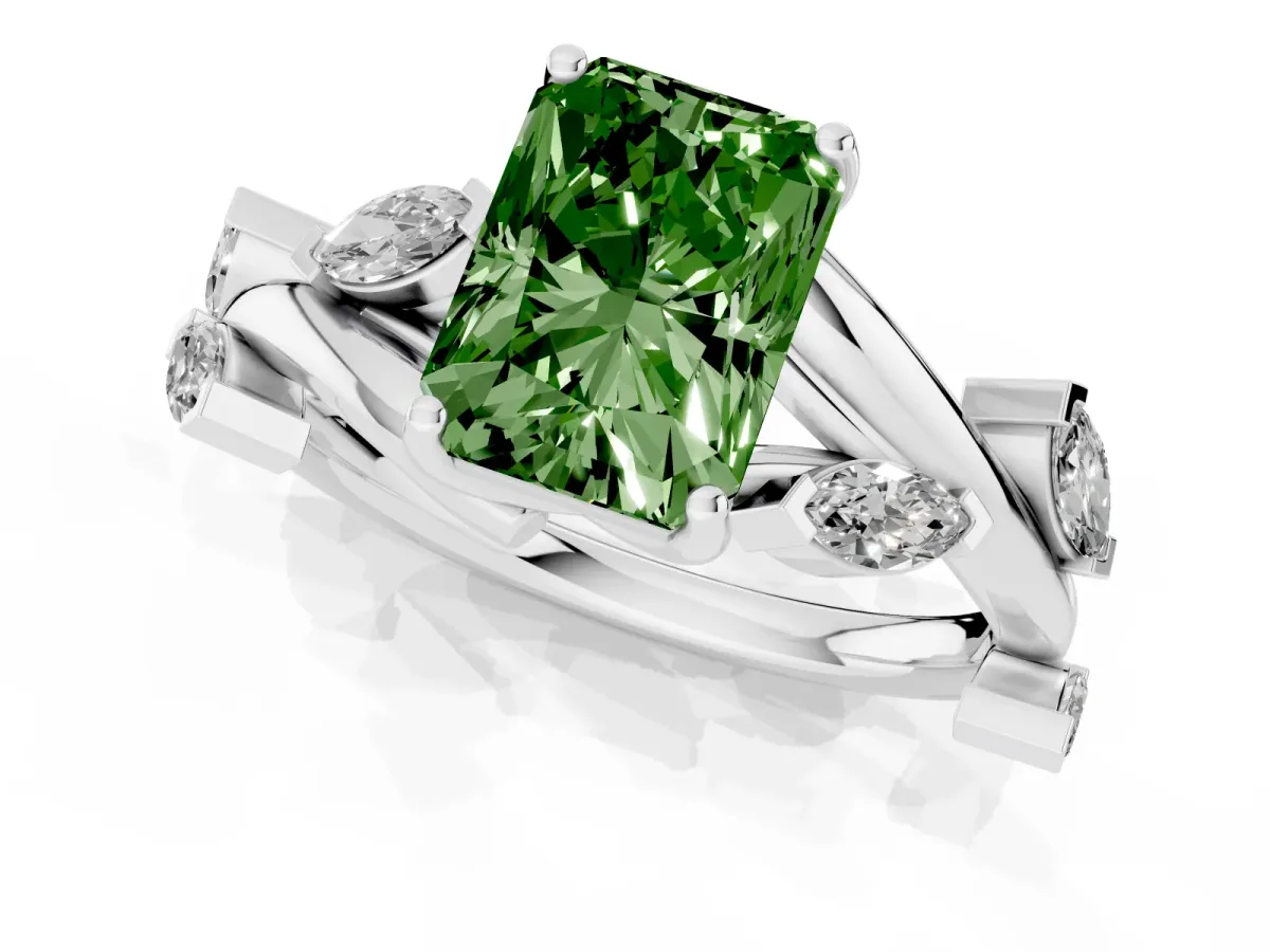 Fancy Green Radiant Cut Solitaire Twisted Band Marquise Accent Prong Setting Ring Silver